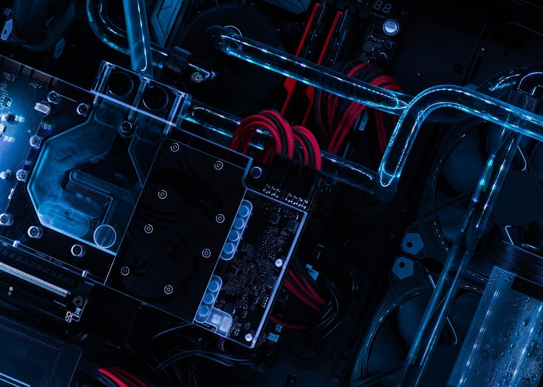 Circuit board with glowing blue components